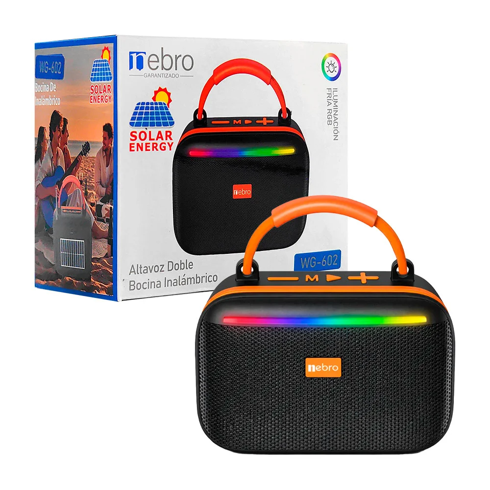 Bocina nebro inalámbrica pequeña, cuadrada con doble altavoz + panel solar y rgb