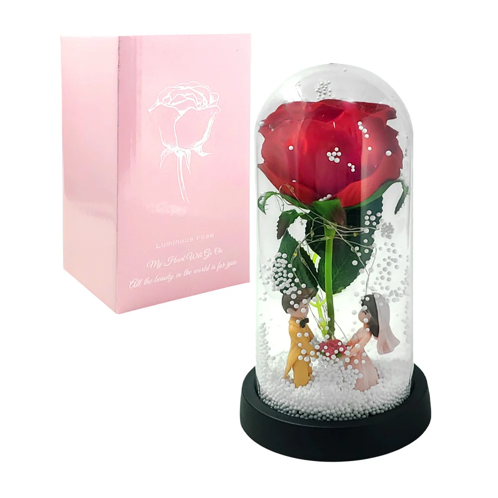 Rosa encapsulada, efecto nevado, figura de novios + luz led, 22cm / jm-2411