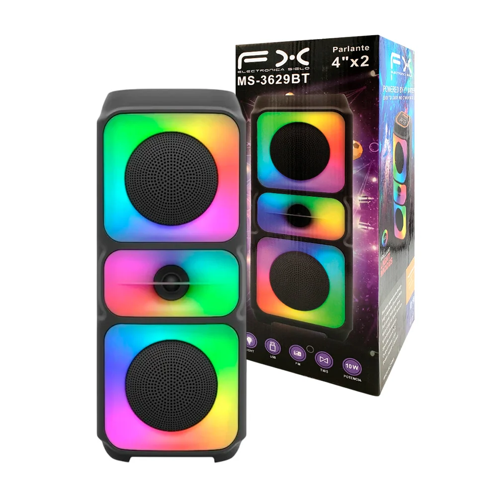 Bocina fx inalámbrica, portátil, 4inx2, puerto usb, tf y radio + luz rgb