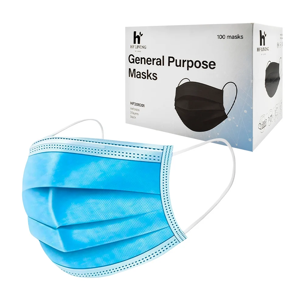 Paquete 100 cubrebocas azules tricapa hf living para adulto / general purpose mask