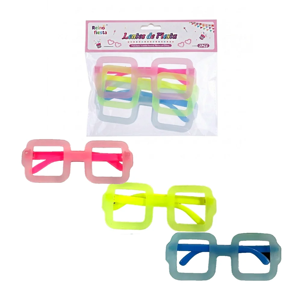 Blíster de 3 lentes de plástico en forma cuadrada, fluorescentes, para fiestas