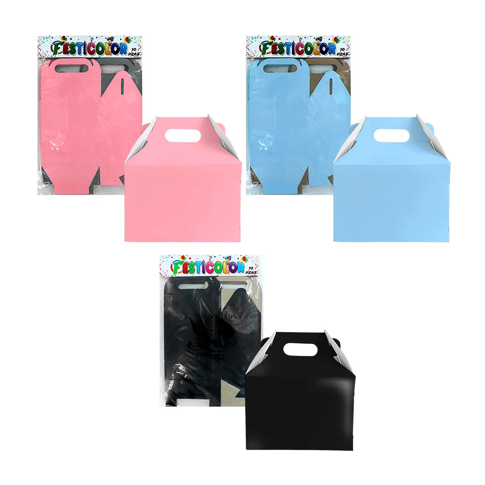 Paquete de 10 box lunch cajas loncheras festicolor lisas armables de cartón con asa agarradera 12.5x14.5cm, variedad de colores/CAJITA FELIZ