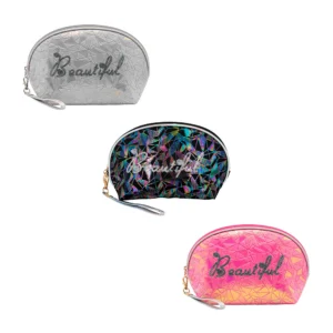 Bolsa cosmetiquera con diseño poligonal bicolor tornasol y frase beau…