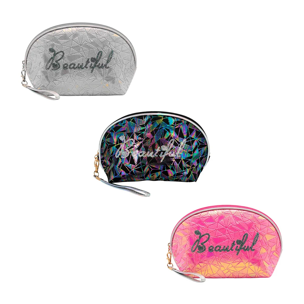 Bolsa cosmetiquera con diseño poligonal bicolor tornasol y frase beautiful, variedad de colores / r0x246 / lk-891