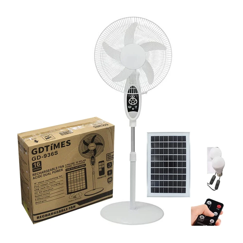 Ventilador de pedestal de 16 pulgadas, 575x130x545mm con panel solar de 10w con bombillas led dobles y control remoto / gdtimes / gd-936s